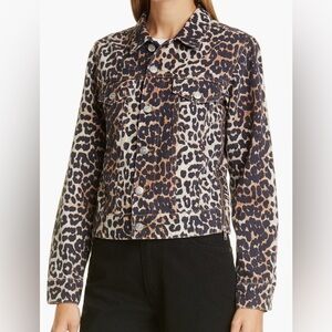 New Ganni Leopard Print Side Zip Denim Jacket Women's Size XXS